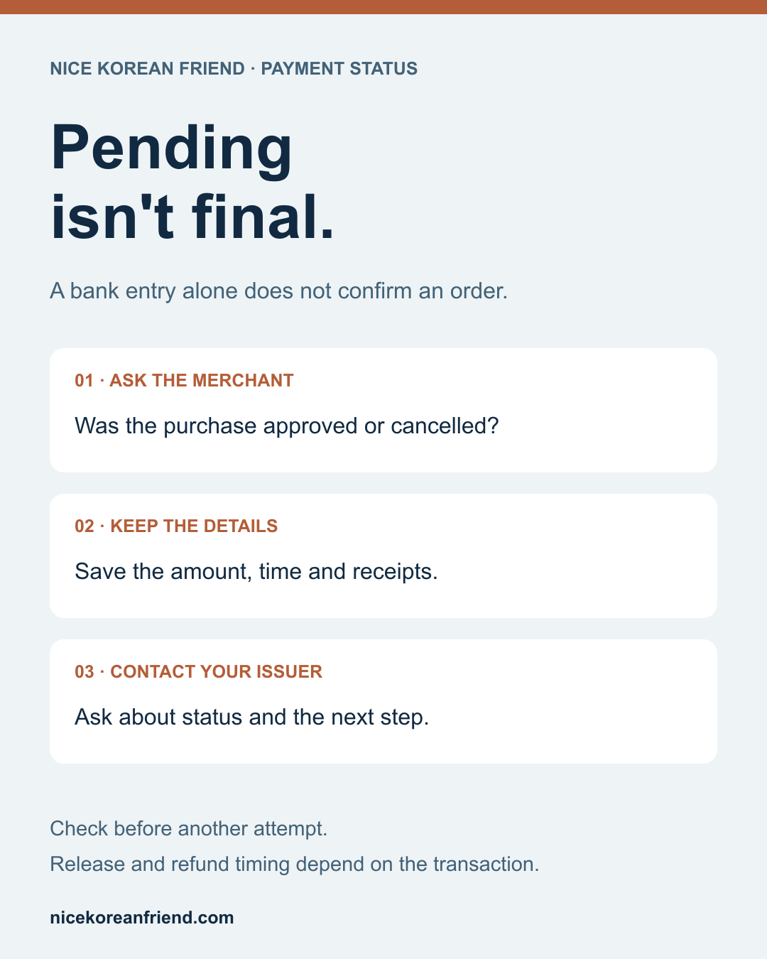 English pending payment checklist: ask the merchant, keep details and contact the issuer