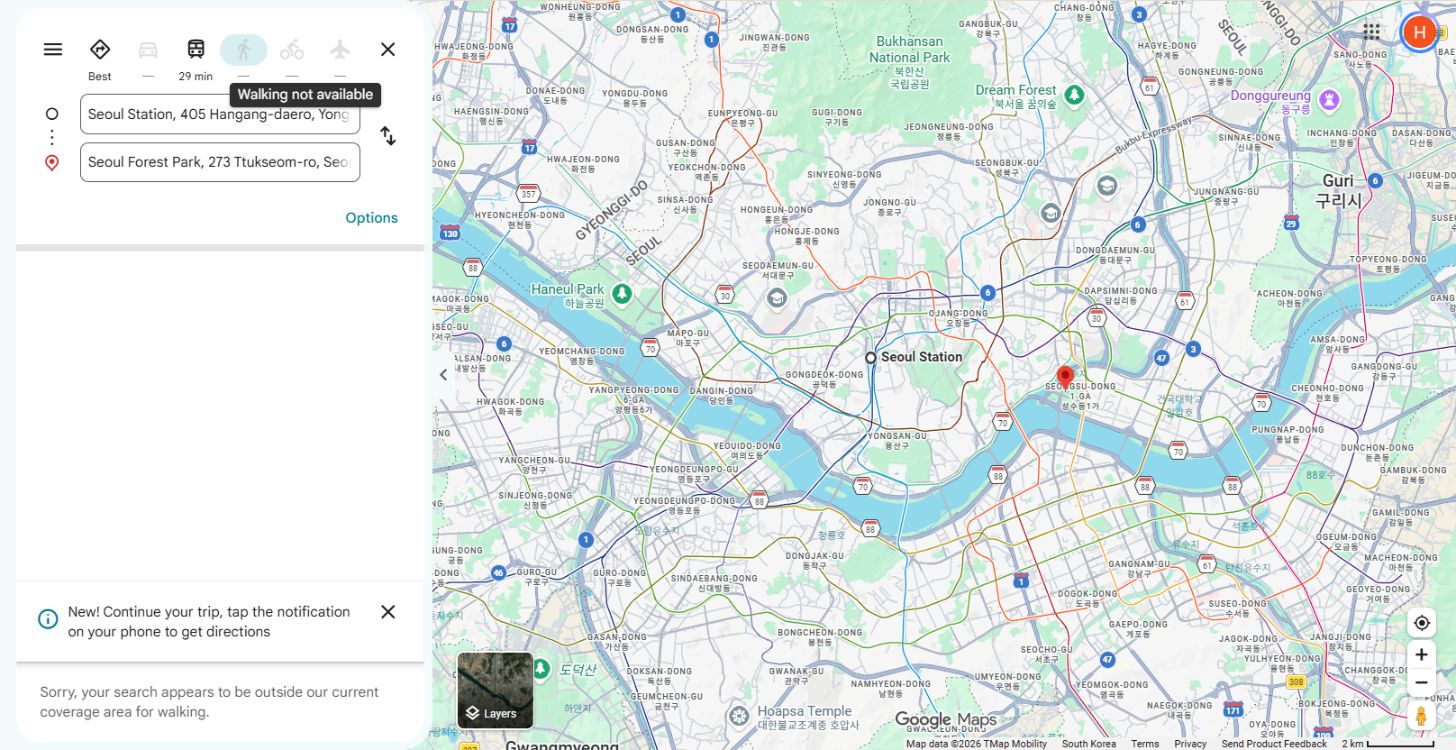 Google Maps desktop route check from Seoul Station to Seoul Forest Park, with walking unavailable.