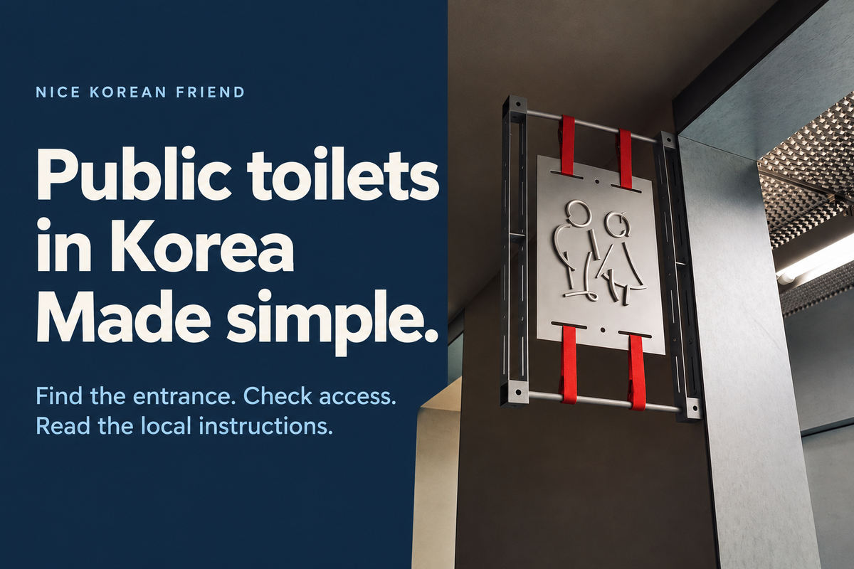 Restroom pictogram sign beside an English guide to finding and using public toilets in Korea.