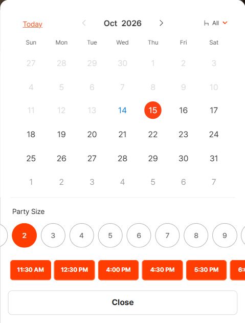 CATCHTABLE Global reservation calendar for PEREHIL showing an October 2026 calendar, party size selector and time buttons