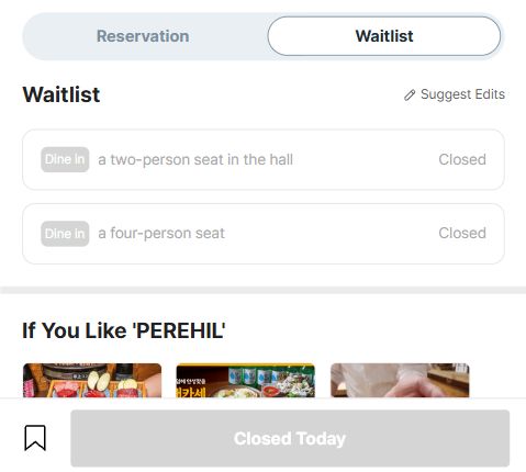 CATCHTABLE Global waitlist tab for PEREHIL with both seating options disabled and marked Closed