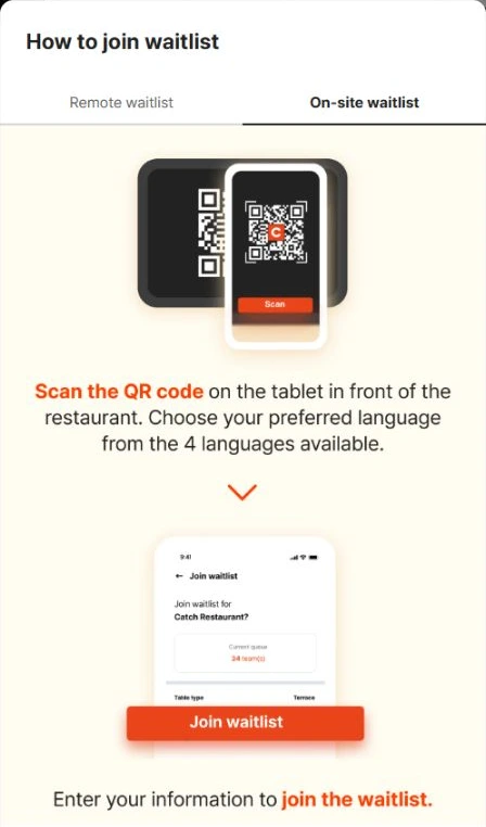 CATCHTABLE English on-site instructions showing the tablet QR code and registration steps