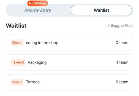 English waitlist controls separating dine-in, takeout and terrace queues