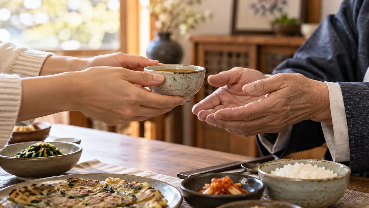 A younger adult offering tea to an older adult with both hands