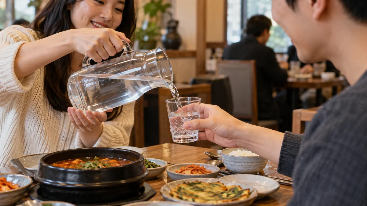 A diner pouring water for a companion with both hands