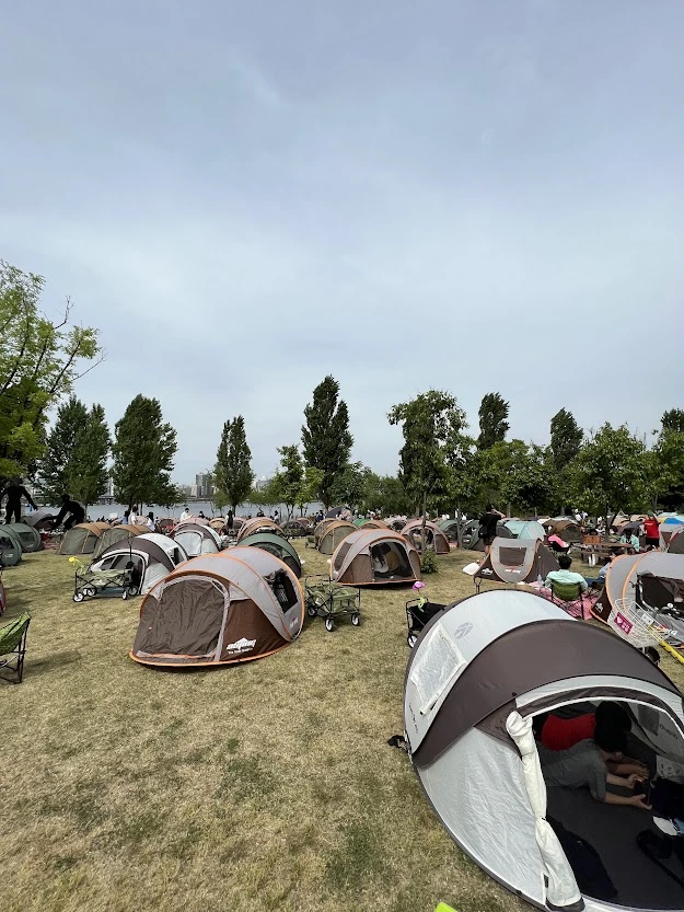 Shade tents and visitors on a grassy riverside public park lawn